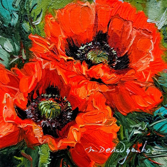 Poppy small painting original, Red flowers oil wall art 4x4 in frame