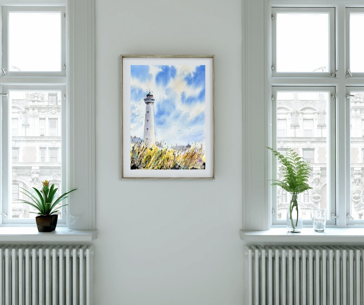 Impressionistic Landscape Watercolour By Yana Ivannikova, 10 X 15", Lighthouse In Egmond Aan Zee, Original Artwork