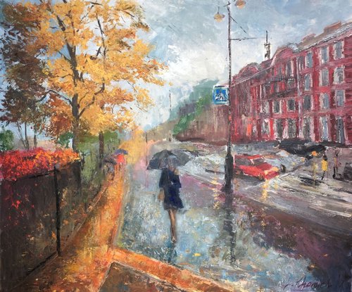 Rainy Days in the London (120x100cm) Realistic Landscape Painting Contemporary Art, Gift for her by Leo Khomich