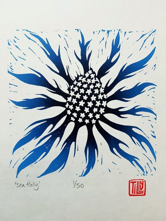 Sea Holly, Prussian blue Lino print, lino cut