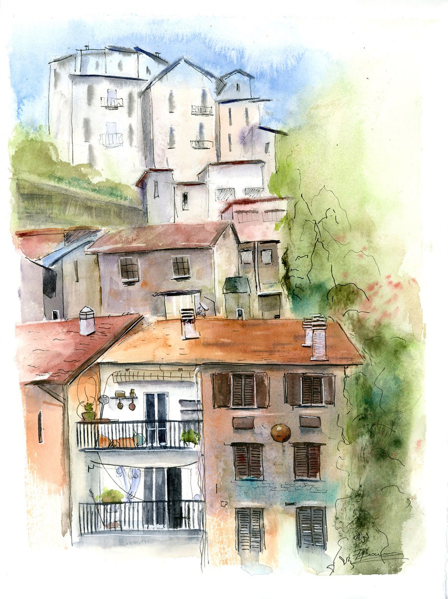 Impressionistic Cityscapes Painting By Olga Tchefranov (Shefranov), 11 X 15", Mediterranean Village Layers, Original Artwork