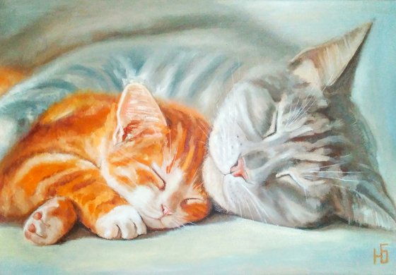 Sleeping Cat With Tawny Kitten Original Oil Painting Pet Portrait Animalism. 50x35 cm, ready to hang