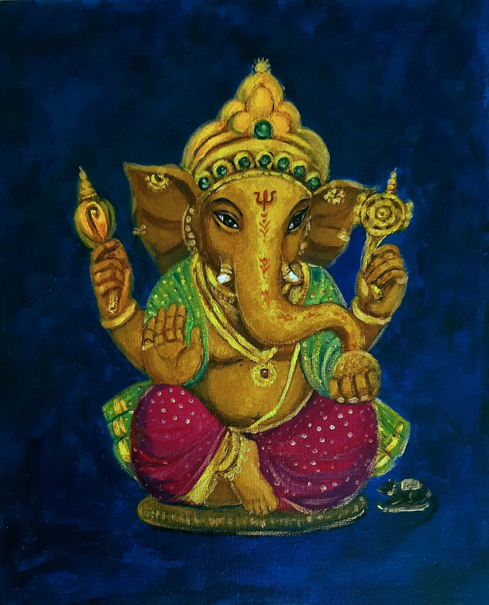 Expressive Portrait Acrylic Painting By Asha Shenoy, 10 X 12, Lord Ganesha The Cute One, Original Artwork