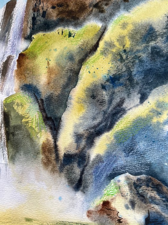Waterfall. Summer landscape. Watercolor artwork.