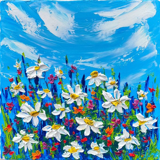 Daisies at the meadow. Impasto painting