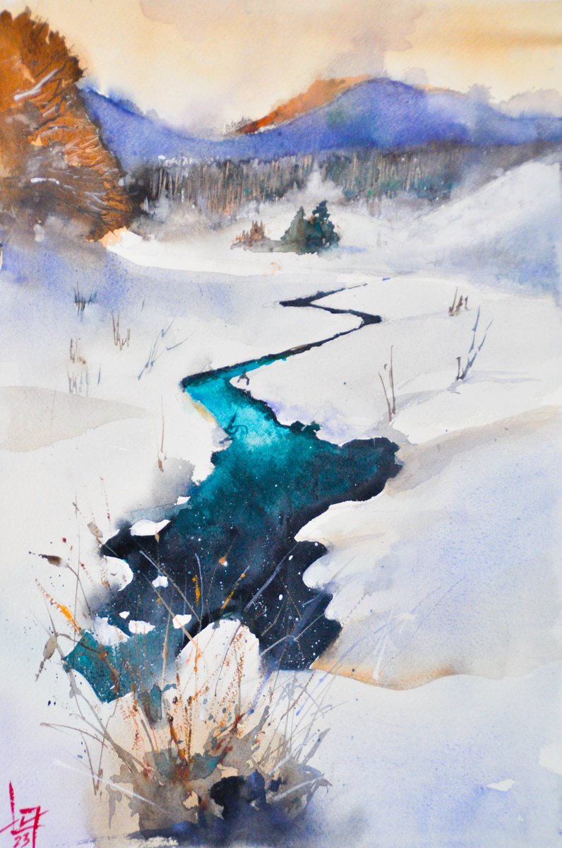 Impressionistic Landscape Watercolour By Flavio Furlan, 14 X 22, Ice And Turquoise, Original Artwork