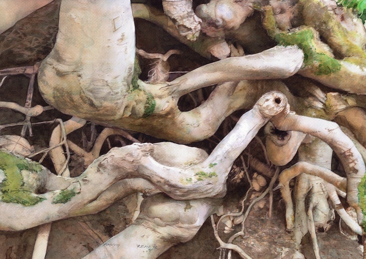 Photorealistic Landscape Watercolour By Reme Jr., 19 X 14", Roots, Original Artwork