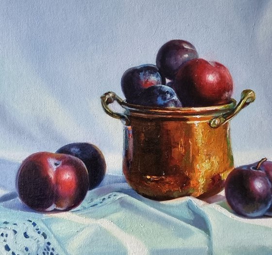 "Small copper saucepan and plums."  still life liGHt original painting PALETTE KNIFE  GIFT (2021)