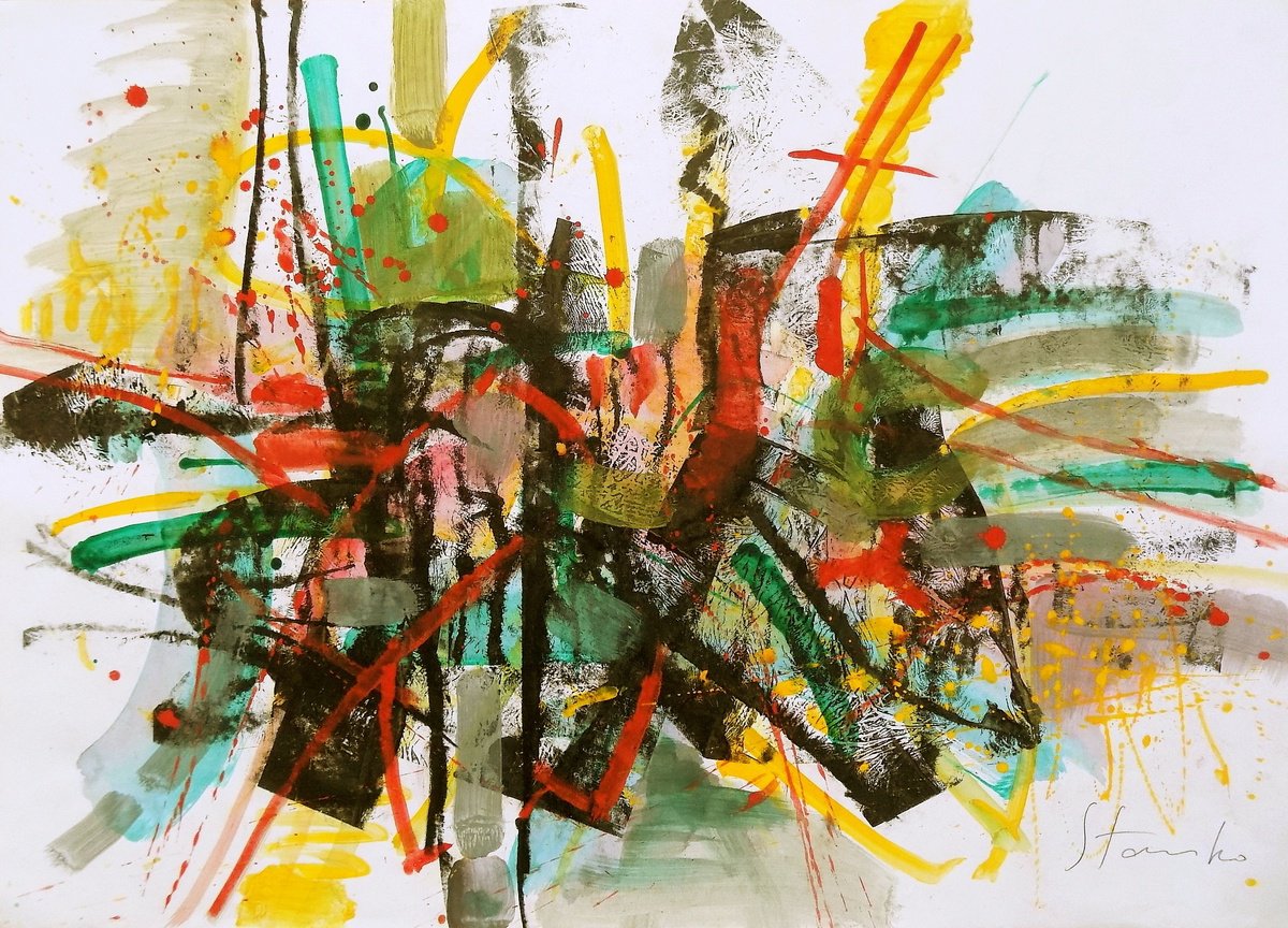 Abstract Acrylic Painting By Stanislav Bojankov, 28 X 20", Improvisation-Xlii, Original Artwork