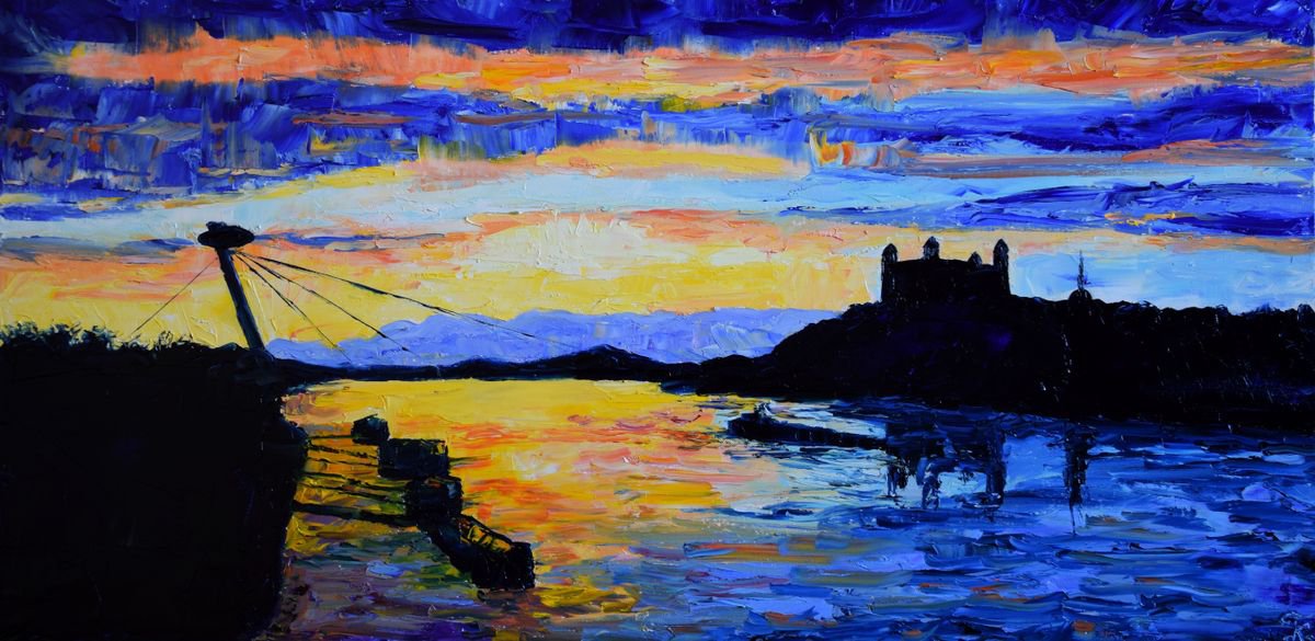Large original oil painting Sunset in Bratislava by Kate Grishakova
