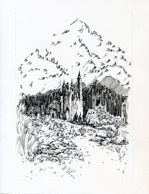 Castle in the mountains Black on white drawing by Yulia Evsyukova