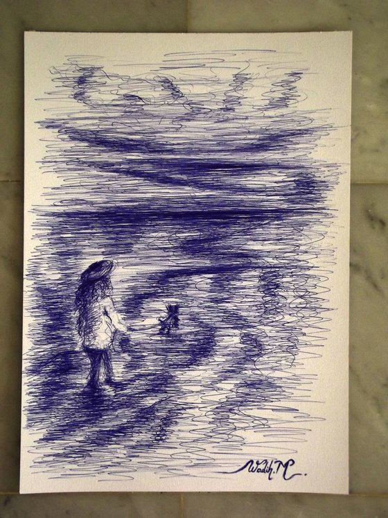 LONG WAY TO GO - SEASIDE GIRL - Blue ink drawing on paper - 20.5x30cm