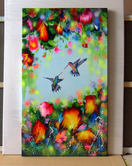 "Hummingbirds and Flowers" LARGE Abstract painting