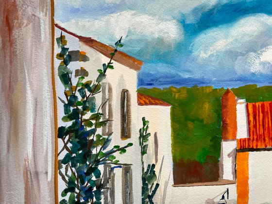 Portugal Original Gouache Painting, Europe Wall Art, Obidos Street Artwork, Travel Gift, Mediterranean Home Decor