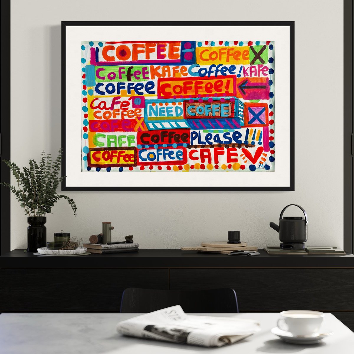 Urban And Pop Abstract Acrylic Painting By Mercedes Lagunas, 31 X 22", Give Me Coffee, Original Artwork