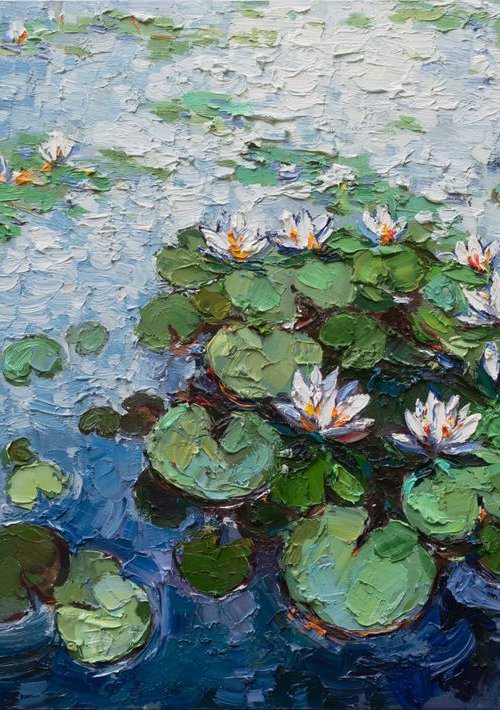 White Water Lilies - Large Original Oil painting 120 x 70 cm by Anastasiia Valiulina