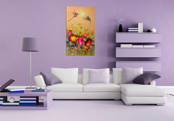 "Hummingbird at Sunset" LARGE painting