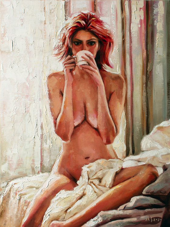 BUT FIRST COFFEE - Elegant Seduction: Original Oil Painting of Beautiful Blonde Girl in Boudoir with a cup of Coffee
