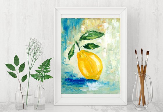 Lemon Painting Original Art Fruit Artwork Citrus Wall Art Small Kitchen Painting