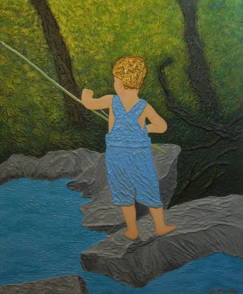 Little Angler at Work - Original, unique, landscape, palette knife painting by Liza Wheeler