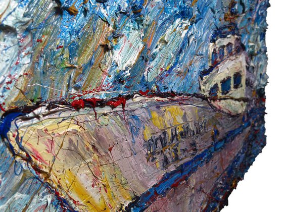 SETS IN (cat. ref. x1177) -Original expressionist oil painting on canvas boat ship