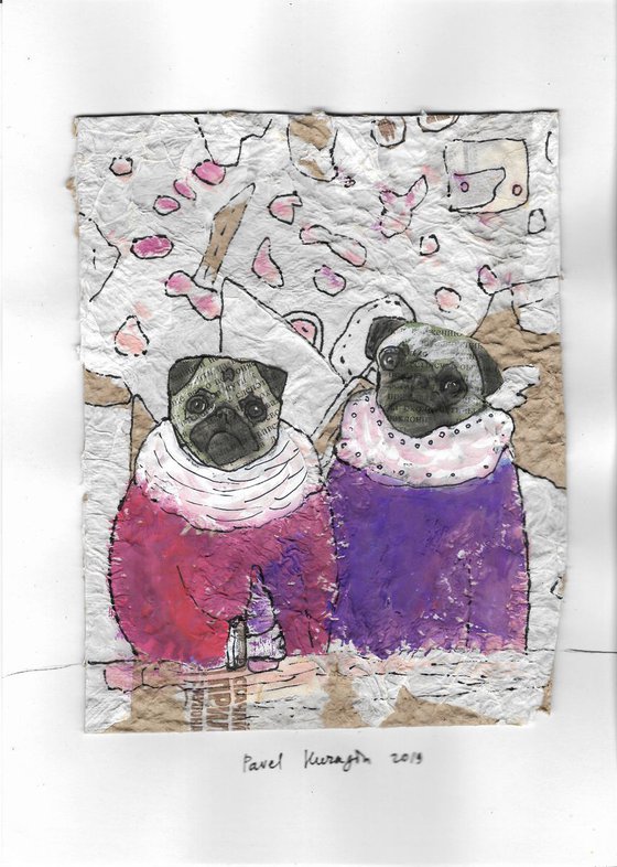Two pugs with bottle