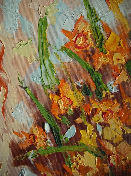 " SPRING IS COMING "  ABSTRACT original OIL painting CITY palette knife, flower, girl,