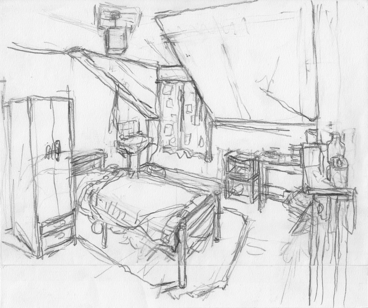 Room 6 - The whole room -pencil drawing by Hugo Lines