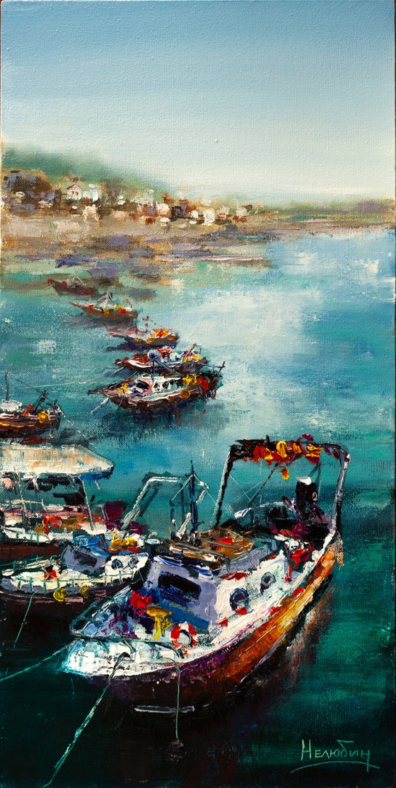 "Yachts in the harbor", seascape