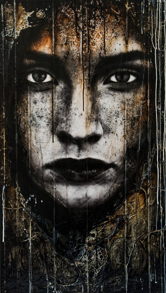"Cisca supreme" (XL artwork 96x55x1,5 cm) - Unique portrait artwork on wood (abstract, portrait, original, resin, beeswax, painting, 3D, oil, acrylic, eyes, face)