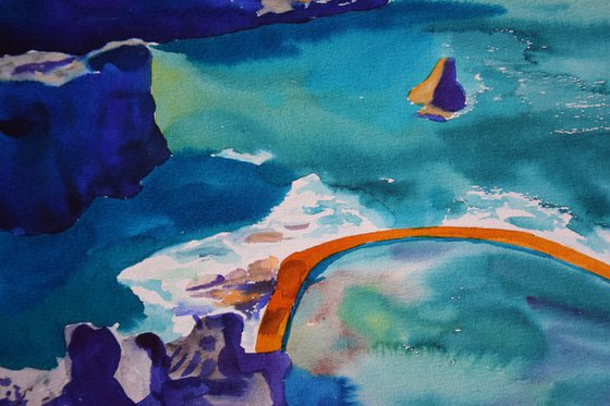 Spanish watercolor painting Sea and rocks on Canary Islands