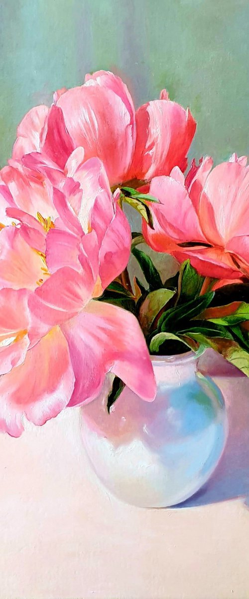 "Coral pink peonies." still life peony Coral pink old vase summer  liGHt original painting  GIFT (2020) by Anna Bessonova (Kotelnik)