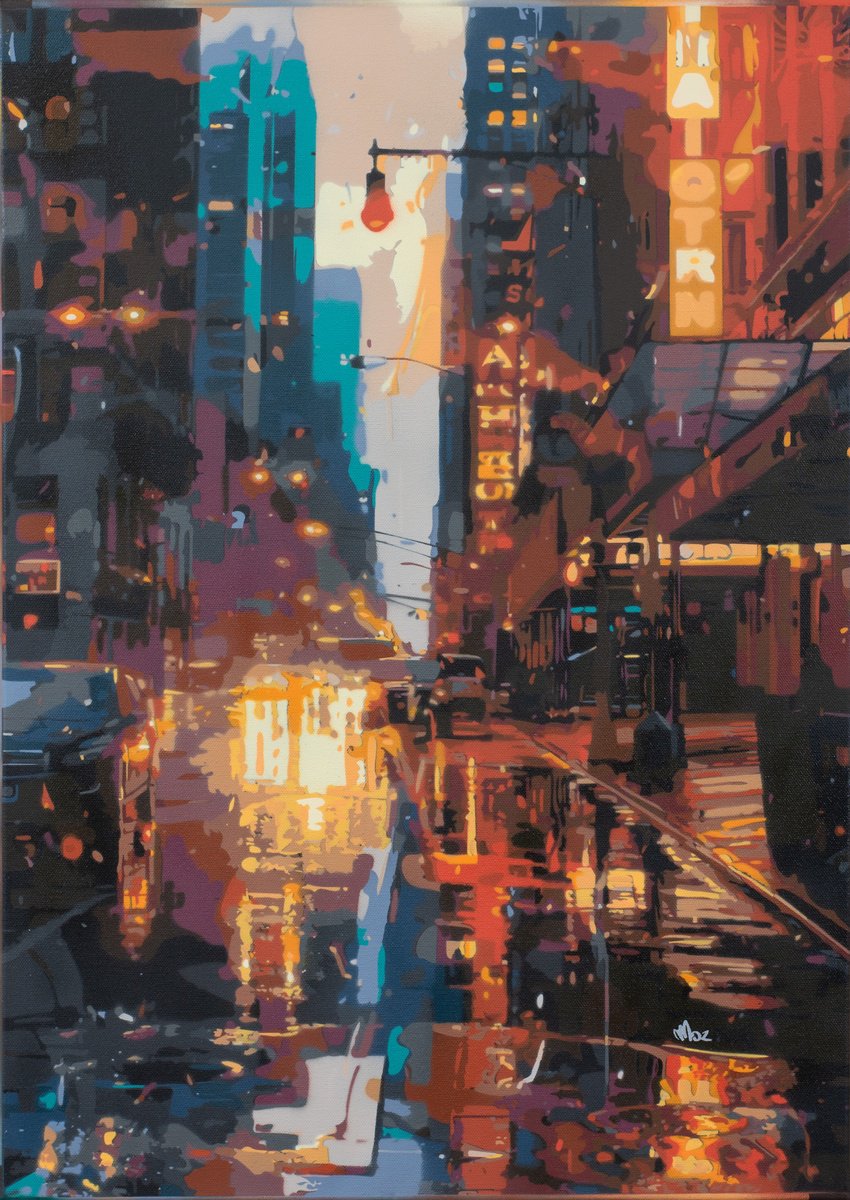 Urban And Pop Cityscapes Painting By Marco Barberio, 20 X 28", Dystopian New York City #2, Original Artwork