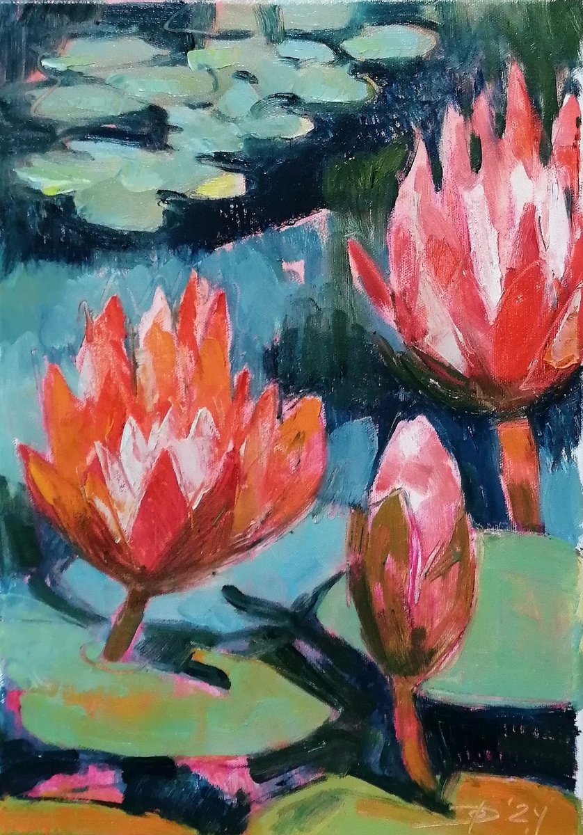Impressionistic Botanical Acrylic Painting By Olga David, 12 X 17", Midday At The Pond, Original Artwork