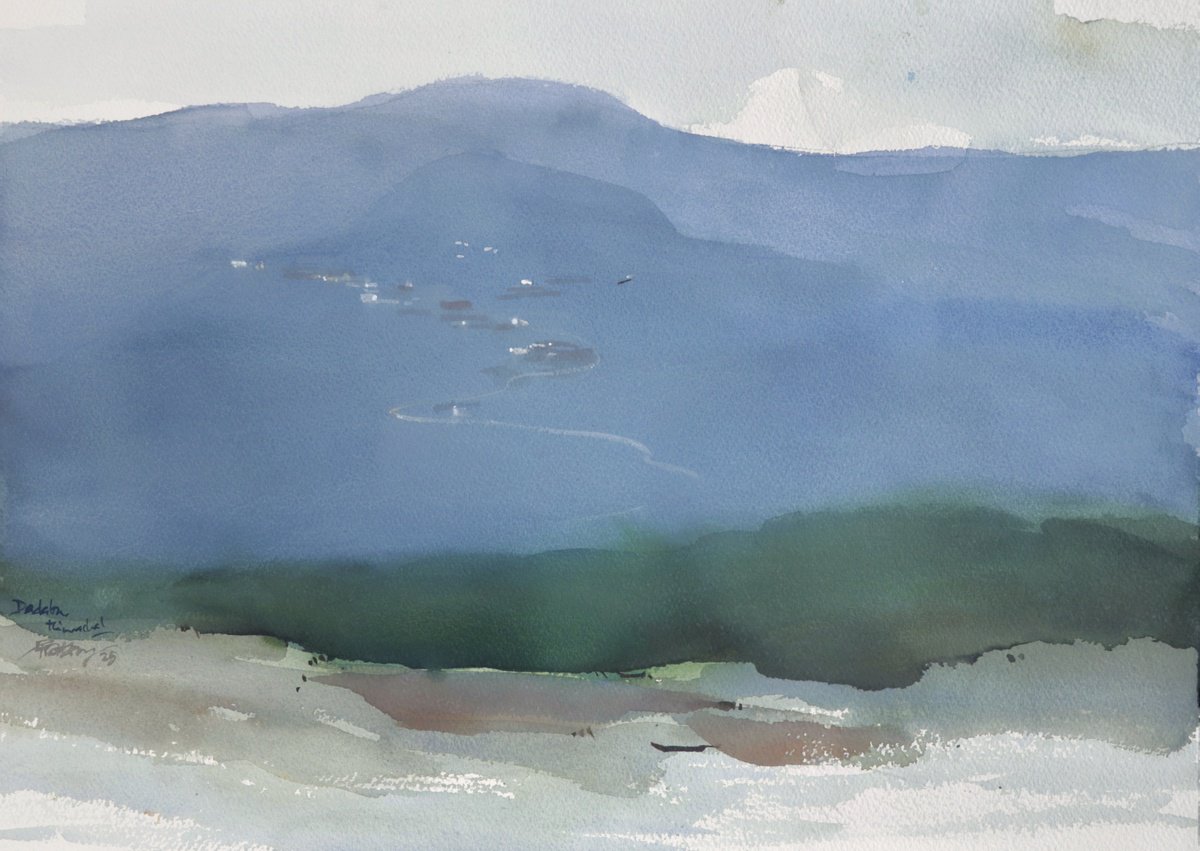 Impressionistic Landscape Watercolour By Prashant Prabhu, 20 X 14", Blue Hills Sparkling River, Original Artwork