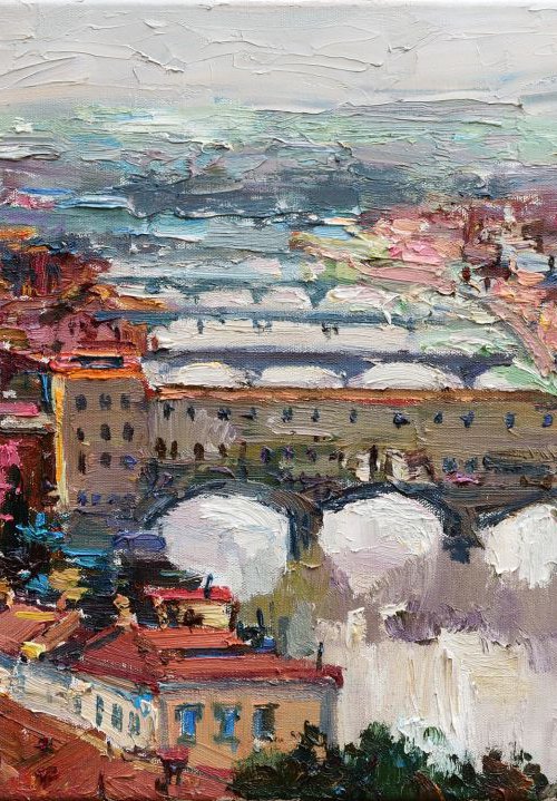 The bridges of Florence - Italy Landscape painting by Anastasiia Valiulina