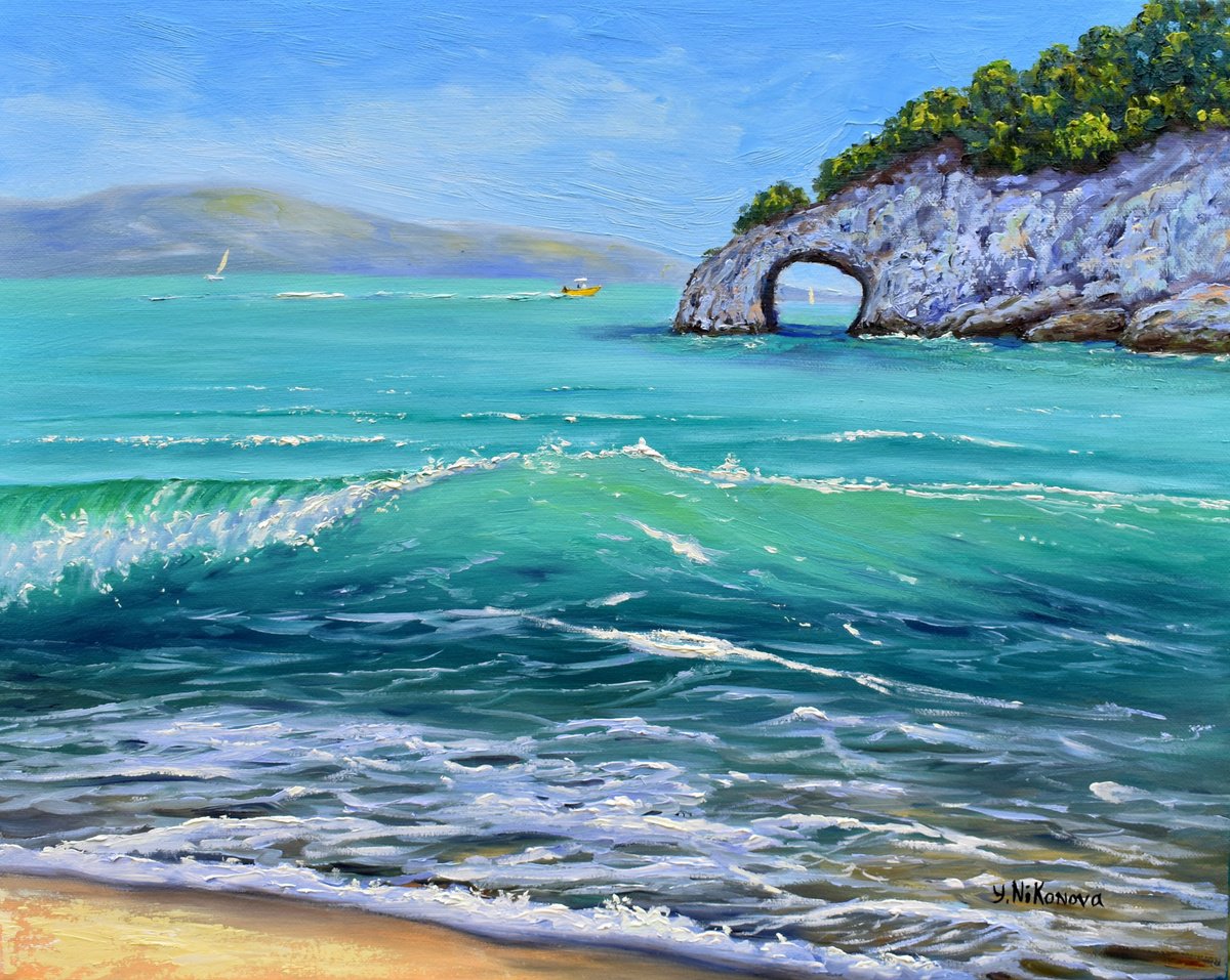 Impressionistic Landscape Oil Painting By Yulia Nikonova, 20 X 16", Warm Sea, Original Artwork