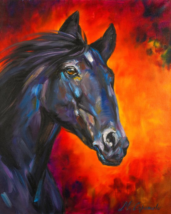 FIRE HORSE - Stallion. Noble animal. Black horse. Trotter. Running horse. Abstract background. Force. Loyalty. Endurance.