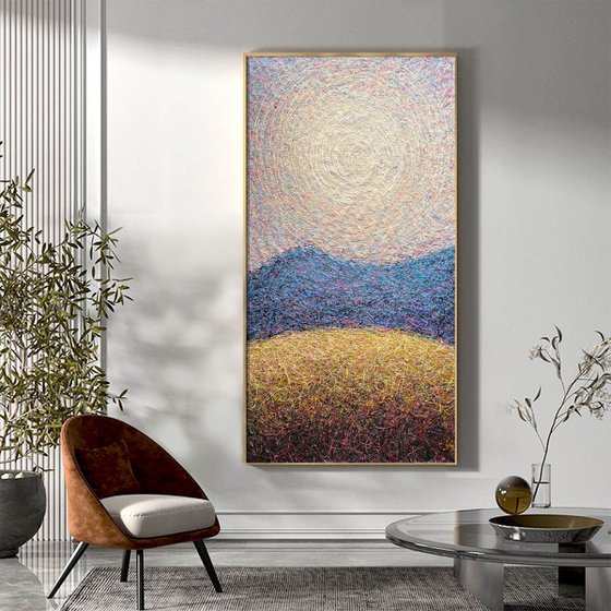 Mountains Sunlight Blue Yellow landscape Sun in the sky Abstract sunshine painting