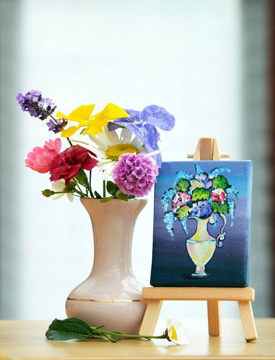 Flowers in white vase, original acrylic miniature painting, still life N3