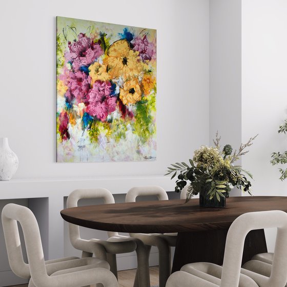 "Floral Fantasia" from "Colours of Summer" collection, XXL abstract flower painting