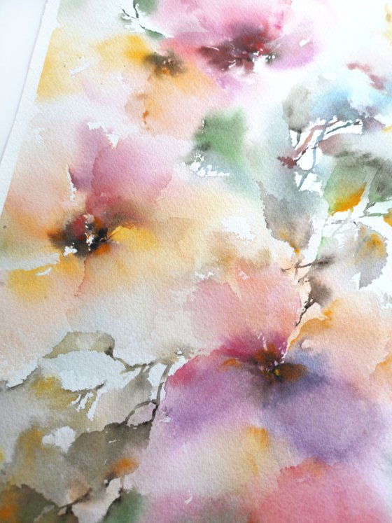 Bright multicolored bouquet, watercolor flower painting "Flower breeze"