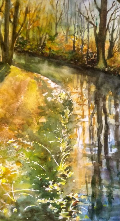 Autumn river landscape - Watercolor by Ann Krasikova