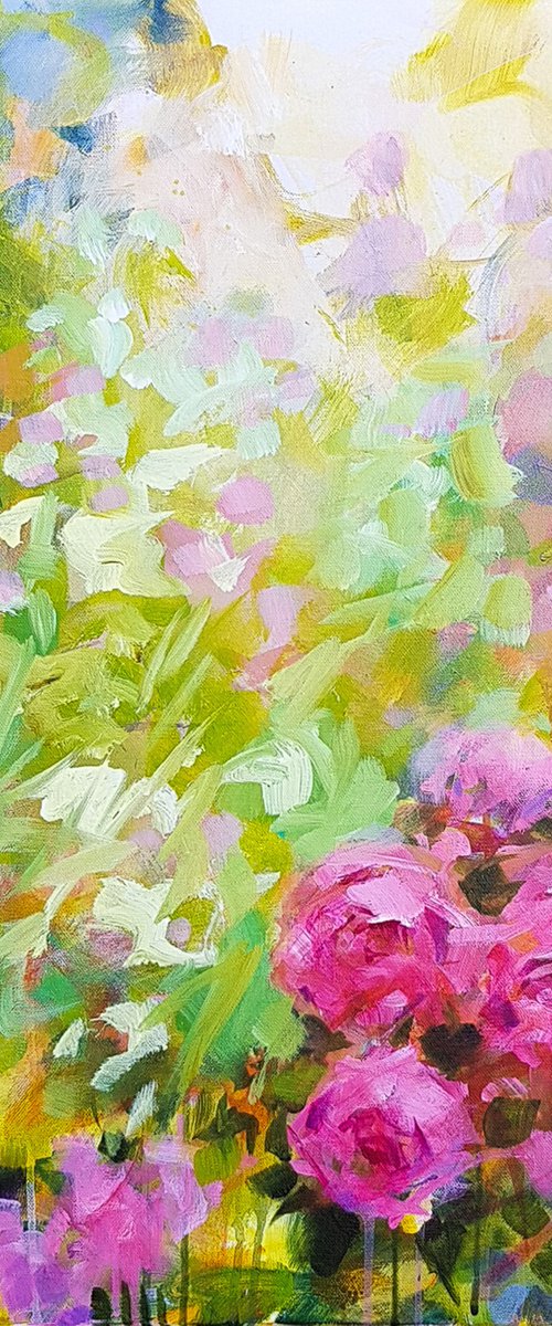 Flowers in a garden Modern Semi abstract floral painting Les roses au jardin Soft colors Decorative wall art by Fabienne Monestier