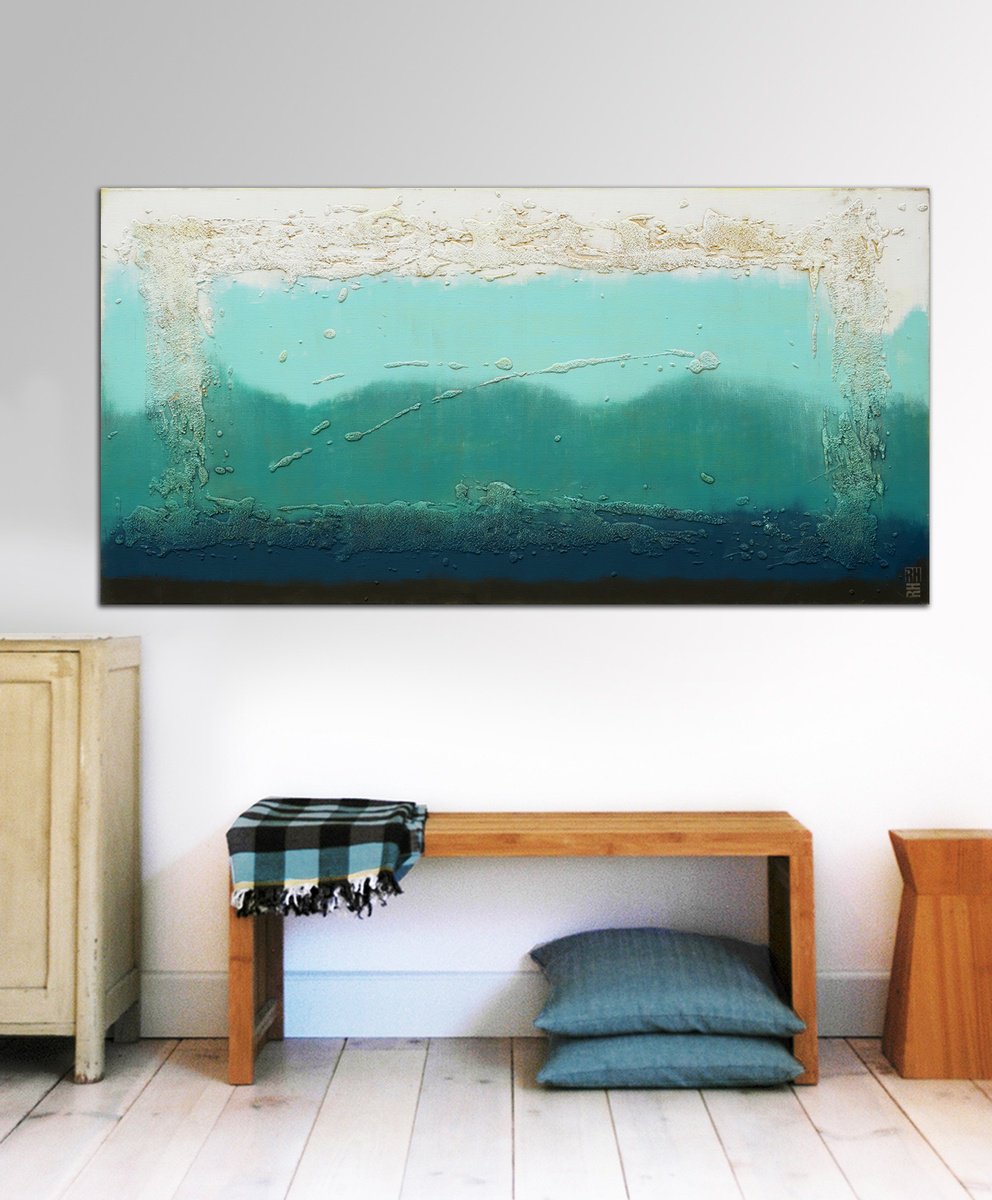 Abstract Landscape Acrylic Painting By Ronald Hunter, 55 X 28", Oceanic Blues, Original Artwork