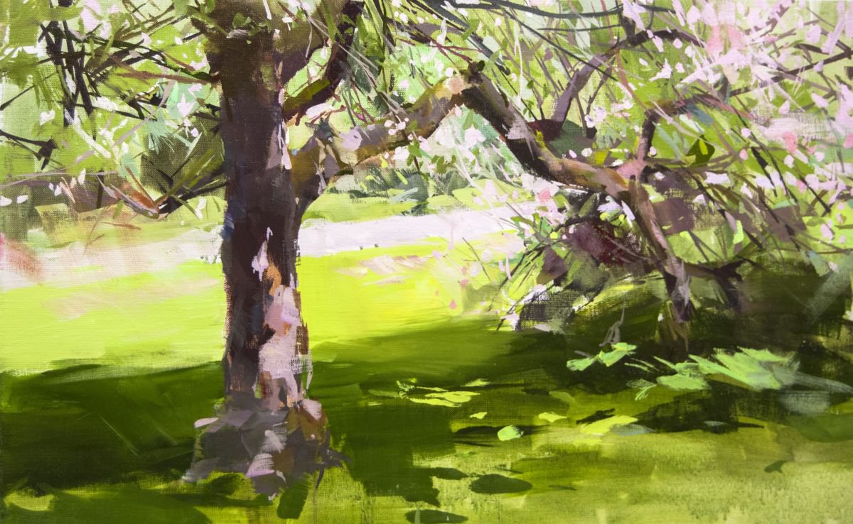 Green Landscape Painting Apple Blossom by Yuri Pysar