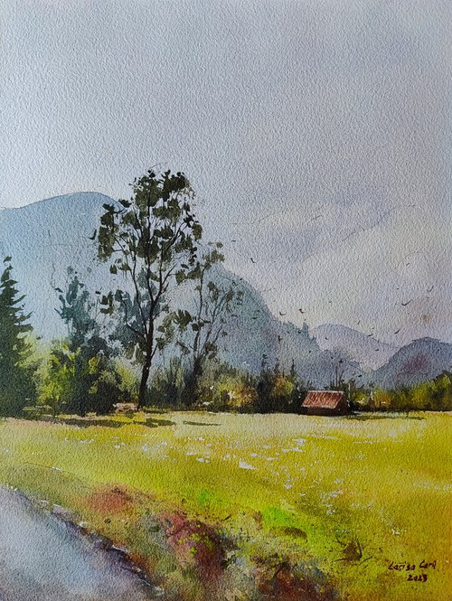 Bohinj valley Slovenia Original watercolor painting (2023), Green European nature by Larisa Carli