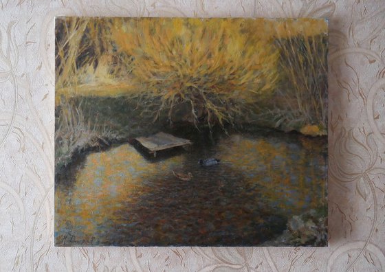 The Golden Evening - river sunset landscape painting