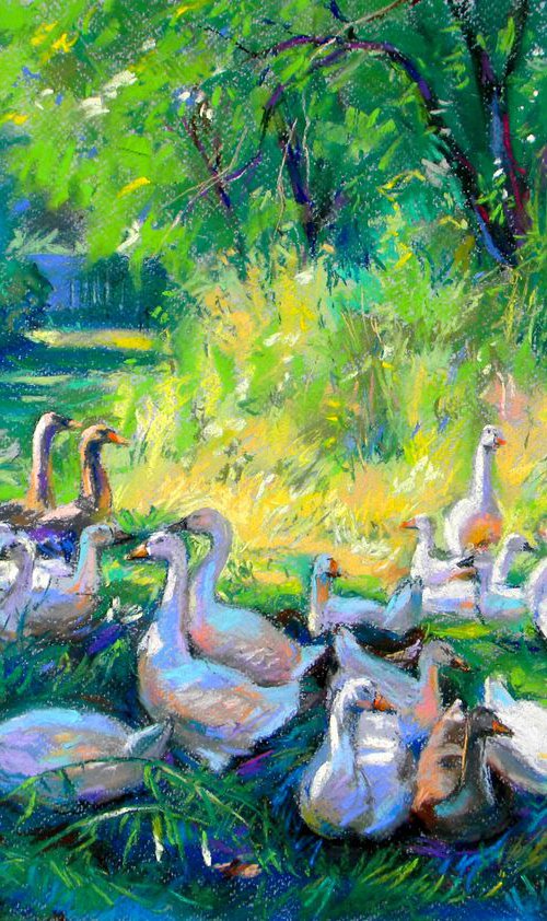 Geese in the shade of the old garden by Liudmyla Chemodanova