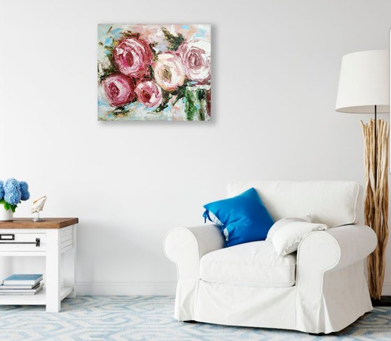 Pink Roses Painting Abstract Floral Original Art Impasto Flower Artwork, 70x60 cm, ready to hang.